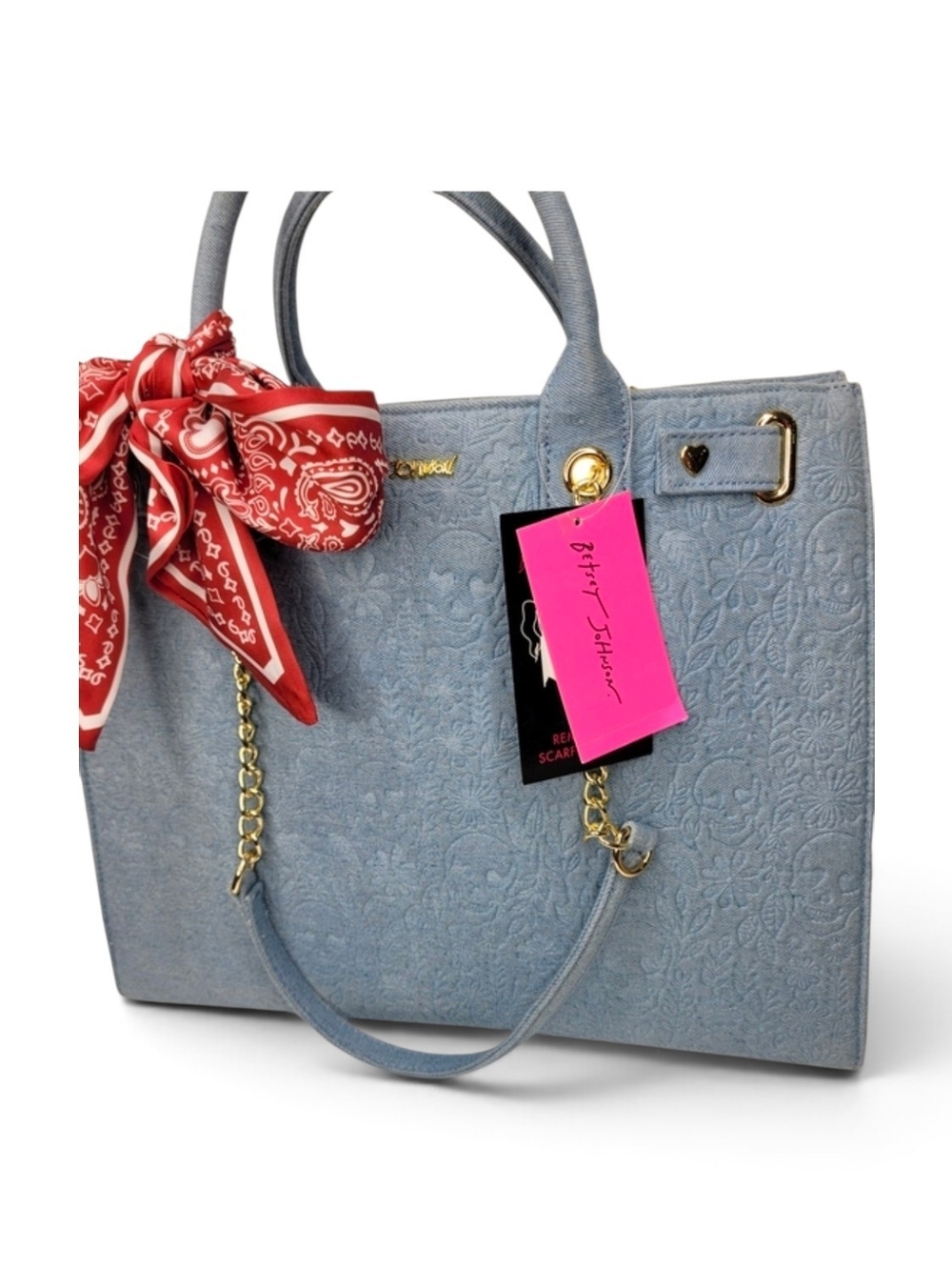 Betsey Johnson Light Blue Embossed Tote with Red Scarf
